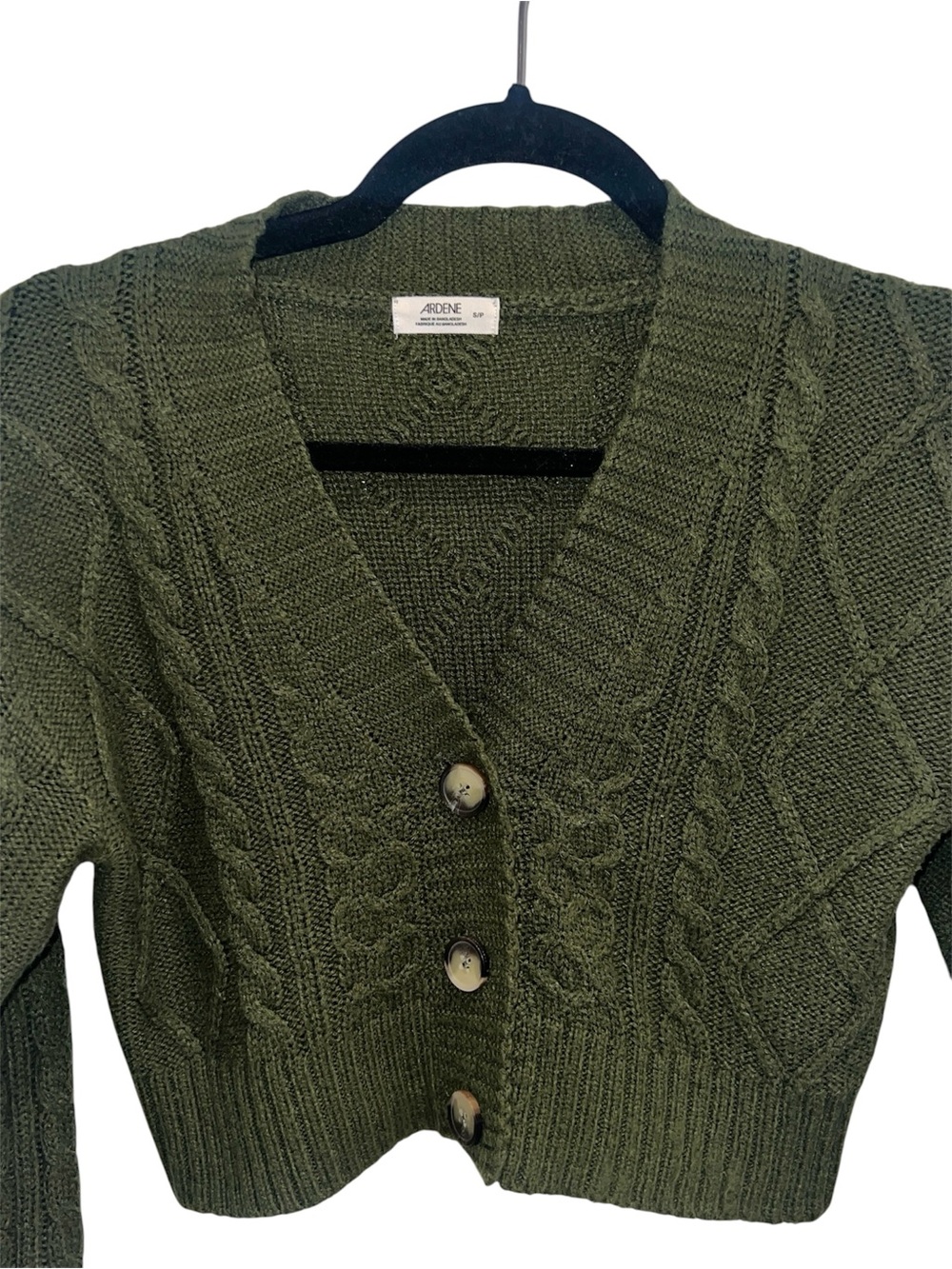Ardene Dark Green Cropped Sweater Cable Knit Button-up Cardigan Women’s Small